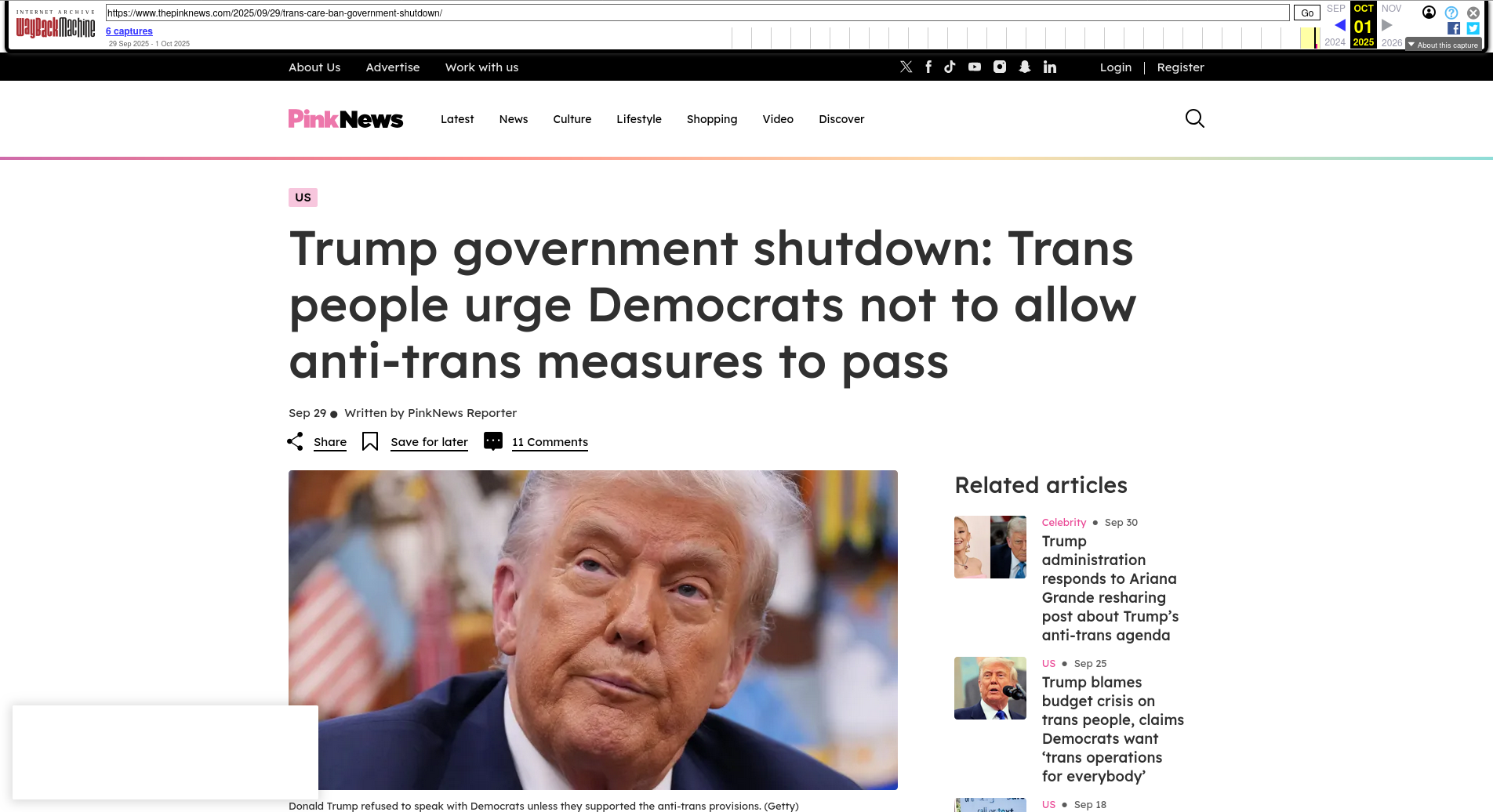 Pink News headline, October 1: "Trump government shutdown: Trans people urge
Democrats not to allow anti-trans measures to pass"